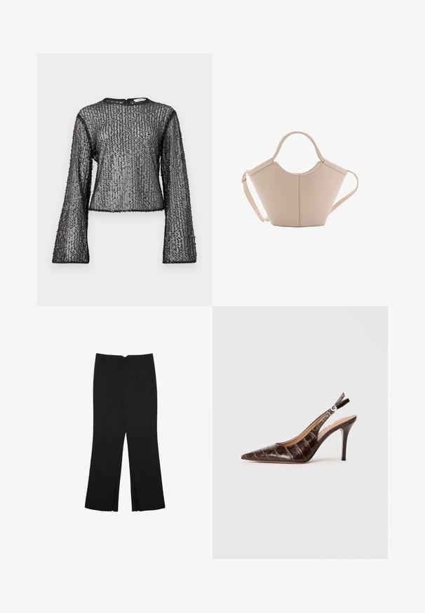 Černý dlouhý rukáv top s průhledným designem, zdobený texturovanými flitry a kulatým výstřihem. Okraje zakončené černým lemováním.; Černé kalhoty s rovným střihem, s předními kapsami a bočními rozparky na lemu. Vyrobené z jemné, hladké tkaniny. Vhodné na různé příležitosti.; Hnědé lodičky s vykrojenými boky vyrobené z krokodýlí struktury, s špičatou špičkou a tenkým vysokým podpatkem. Navrženy s nastavitelným přezkovým zapínáním.; Beige kožená kabelka s jedinečným tvarem, vybavená dvěma krátkými uchy a dlouhým nastavitelným popruhem. Hladká textura s minimem kovových doplňků.