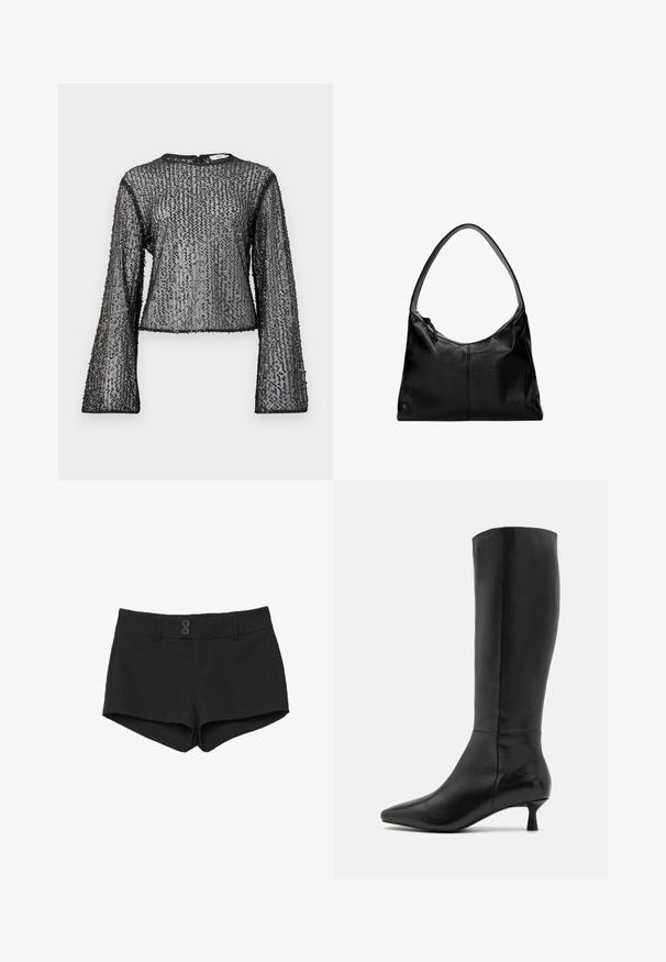 Schwarzes, langärmliges Oberteil mit durchsichtigem Design, das mit strukturierten Pailletten verziert ist und einen runden Ausschnitt hat. Die Kanten sind mit schwarzem Saum versehen.; Schwarze Shorts aus einem Stoff mit glatter Textur. Sie verfügen über einen Bund, zwei Fronttaschen und zwei schwarze Knopfverschlüsse an der Vorderseite.; Zign Stiefel - black; Schwarze Leder-Umhängetasche mit glatter Textur, geschwungenem oberen Rand und einem einzigen Tragegurt. Sie verfügt über einen Reißverschluss und ein minimalistisches Design.
