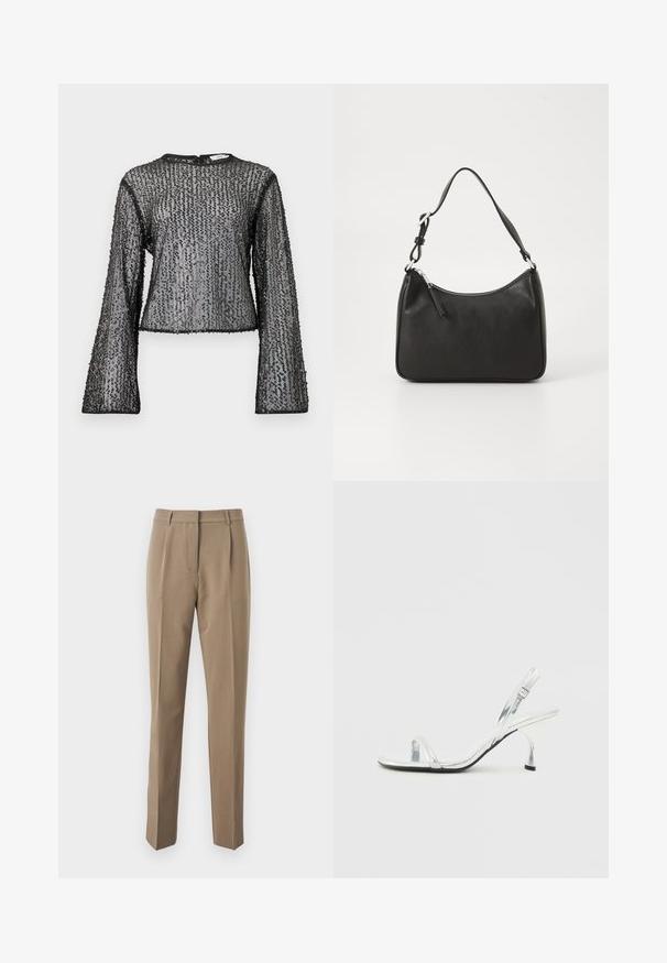 Black, long-sleeved top with a sheer design, featuring textured sequins and a round neckline. Edges finished with black trim.; Brown tailored trousers made of smooth fabric, featuring a straight-leg design, front pleats, and a waistband with belt loops.; Silver patent leather slingback high heel sandal with a narrow toe strap, adjustable buckle, and a slender heel.; Black leather handbag with a curved shape, a single strap, zip closure, and subtle branding on the front. Smooth texture, minimalist design.