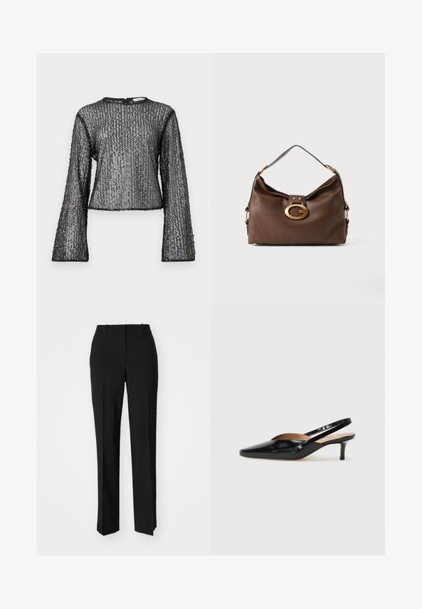 Must have pikkade varrukatega must topp, millel on läbipaistev disain, tekstureeritud sädelusega ja ümar kaelus. Servadele on lisatud must äär.; Mustad ja sirged püksid, millel on sile tekstuur ja teravad voldid esiosas. Ilma nähtavate detailideta.; Must mustaalk naha Slingback-kingad terava varba, väikese kontsaga ja lõikega kujundusega ülevalt. Kuldse tooni detail küljel.; Pruun naha kott tekstuuriga pinnaga, millel on kuldse tooni sulgur ja ühekordne, kaardus õlarihm.