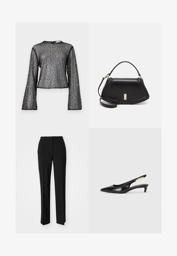 Svart, langermet topp med gjennomsiktig design, prydet med teksturerte paljetter og rund hals. Kantene er ferdig med svart trim.; Sorte skreddersydde bukser med rett silhuett, med en glatt tekstur og klare pressede bretter foran. Ingen synlig maskinvare.; Sorte lærreim hæler med spiss tå, som har en slank hæl og en gullfarget detalj på den justerbare stroppen. Glatt tekstur.; Sort lærveske med en strukturert design, som har en avkortet form, topphåndtak og detaljer i gull. Justerbar skulderstropp inkludert.