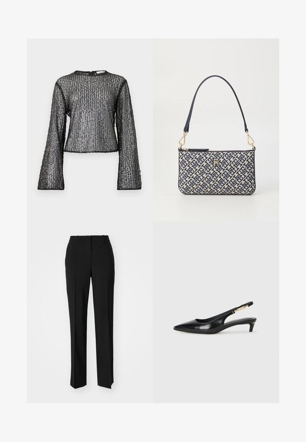 Črn dolg rokav s prosojnim dizajnom, okrašen z teksturiranimi bleščicami in okroglem izrezu. Robovi so zaključeni s črnim trimom.; Črne krojene hlače s direktnim krojem, ki se ponašajo z gladko teksturo in ostrimi pregibi spredaj. Ni vidne kovine.; Črne usnjene sandale na peto z ostro konico, ki imajo tanko peto in zlat ton na nastavljivem traku. Gladka tekstura.; Pr rectangularna torba za roke s mornarsko modrim in kremnim geometrijskim vzorcem, teksturirano blago, zlato strojno opremo in eno mornarsko modro naramnico.