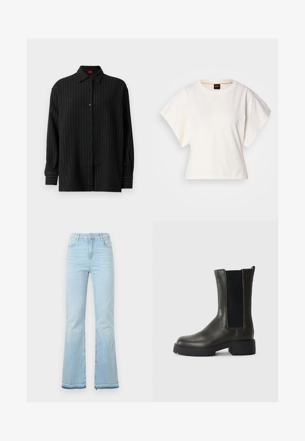 Mustmust long varrukasärk peene valge vertikaalse triibuga, klassikaline krae ja nööpidega mansetid.; Valge lühikeste laiadte varrukatega lühike T-särk, pehme puuvillane materjal, ümar kaelus kergelt oranži ääristusega, minimaalne disain, ilma mustrite ja graafikateta.; Heledad helesinised teksad, mis on valmistatud denimist, kõrge vöökohaga, esikottidega ning toore äärtega sääreosas, et luua lõdvestunud välimus.; Roheline nahkne pahkluu saabas elastsete külgtaskutega, ümar varvas ja kummitald. Omab tekstuurset viimistlust ja plokknakki.