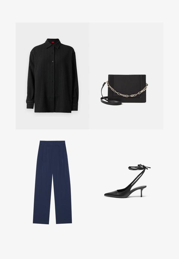 Zwarte overhemd met lange mouwen, knoopsluiting en dunne witte verticale strepen, klassieke kraag en knoopmanchetten.; Navyblauwe wijde broek van zachte stof, voorzien van voorplooien, een gladde textuur en een rechte pasvorm zonder zichtbare zakken.; Zwarte leren stiletto-schoen met een spitse neus, open achterkant en enkelschoentjes die in een strik zijn geknoopt. Slanke 3-inch hak. Glad textuur, minimalistisch ontwerp.; Zwarte leren schoudertas met een gladde textuur, rechthoekige vorm en een metallic kettingdetail aan de voorkant. Verstelbare schouderband inbegrepen.