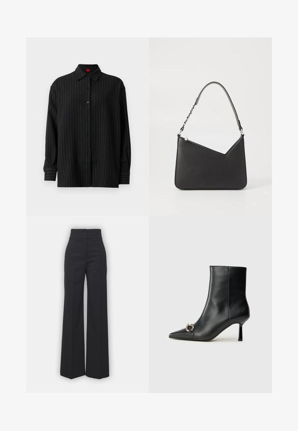 Zwarte overhemd met lange mouwen, knoopsluiting en dunne witte verticale strepen, klassieke kraag en knoopmanchetten.; Wijdvallende broek in zwarte stof met een hoge tailleband, met een schone afwerking en een gladde textuur. Geen zichtbare hardware of patronen.; Zwarte leren enkelboot met spitse neus, slanke middenhoge hak en zilveren gespdetail aan de zijkant op een effen achtergrond.; Zwart leren handtas met een driehoekige vorm, een slanke strap en zilveren hardware. Voorzien van een ritssluiting en een reliëflogo op de voorkant.
