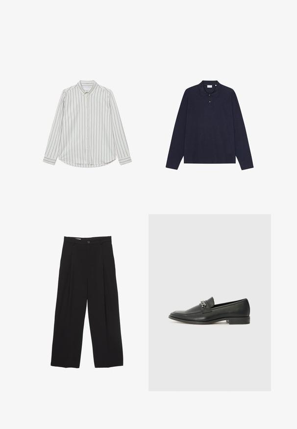 Bavlnená košeľa s dlhým rukávom, s vertikálnymi modro-krémovými pruhmi, s špicatým golierom a zaobleným lemom. Obsahuje predné gombíky.; Tmavomodrá polo košeľa z bavlny s dlhým rukávom a golierom, s trojitém zapínaním na gombíky a jednoduchou textúrou. Žiadne viditeľné vzory ani akcenty.; Čierne široké nohavice vyrobené z hladkej tkaniny, s plochým pásom, prednými záhybmi a jedným zapínaním na gombík.; Čierne kožené loafers s hladkým povrchom, s prešitým dizajnom a dekoratívnym kovovým reťazovým akcentom cez priehlavok. Plochý podpätok.
