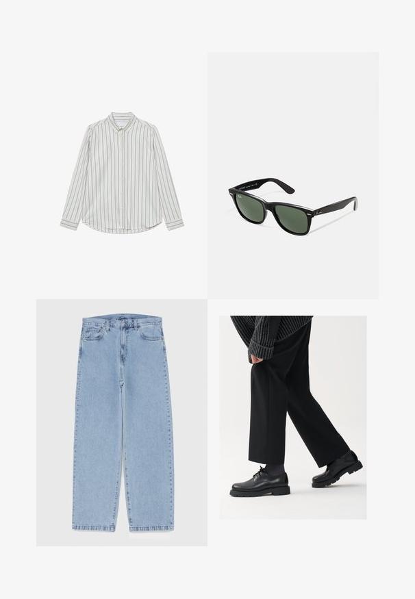 Hosszú ujjú, pamut gombos ing, függőleges kék és krémszínű csíkokkal, hegyes gallérral és lekerekített aljjal. Elöl gombokkal ellátva.; Fehér pamut ujjatlan felső kerek nyakkivágással, széles vállpántokkal és egyenes szegéllyel, sima textúrával, látható minták nélkül.; Világoskék farmernadrág egyenes szárú kivitelben, közepes derékkal, öt zsebbel, gombos és cipzáros záródással.; Fekete bőr cipők kerek orral, fűzős kialakítással és vastag, texturált talppal. Öltönyös fekete nadrággal és bordázott pulóverrel viselve.; Fekete műanyag napszemüveg zöld lencsékkel, négyzet alakú kerettel, ezüst díszítéssel a keret felső részén, valamint texturált szárakkal. A márka neve a belső száron található.