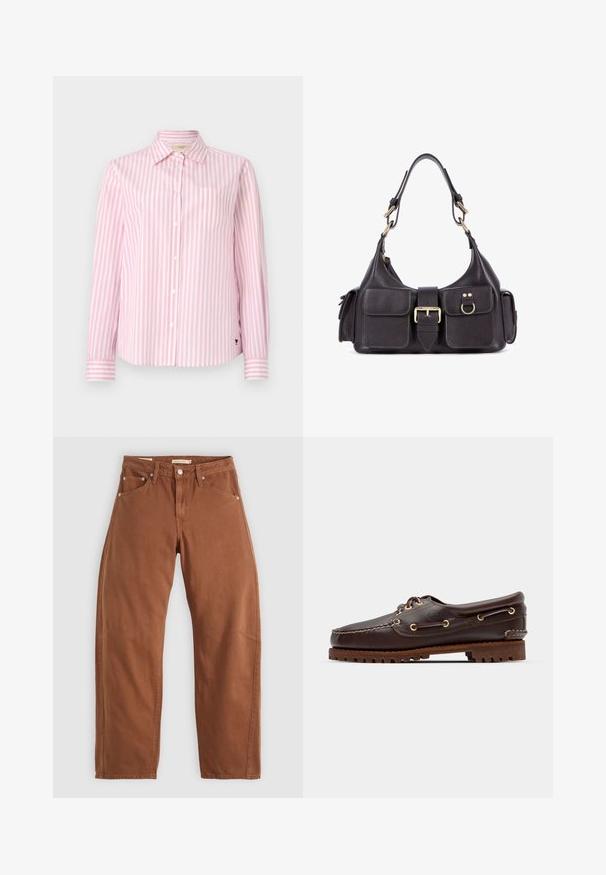 Camicia button-up a righe rosa e bianche, con colletto, maniche lunghe e dettaglio della tasca sul lato sinistro del petto. Tessuto di cotone liscio.; Jeans dritti di colore marrone ruggine con tasche anteriori e posteriori, rivetti metallici, chiusura con bottone e passanti per cintura, disposti su uno sfondo bianco.; Scarpa da barca in pelle marrone con occhielli dorati, lacci tondi e una suola in gomma marrone texturizzata. Presenta dettagli cuciti e un logo in rilievo.; Borsa a mano in pelle scura con due tasche frontali, una fibbia centrale e hardware in tono oro. Texture liscia con una silhouette curva.
