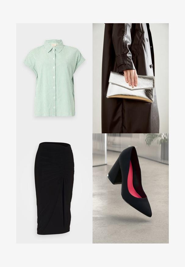 Green and white striped short-sleeve shirt with a collar, button front, and rolled sleeves. The fabric appears lightweight with a smooth texture.; Black, ruched pencil skirt with tie detail and a side slit. Made from a stretchy fabric, featuring a smooth texture and form-fitting design.; Black high-heeled shoe with a pointed toe and a textured upper. Interior features bright pink lining. Square heel with metallic accent at the base.; Silver metallic clutch with an angular envelope design, smooth texture, and contrasting interior color, held in a hand wearing a black coat.