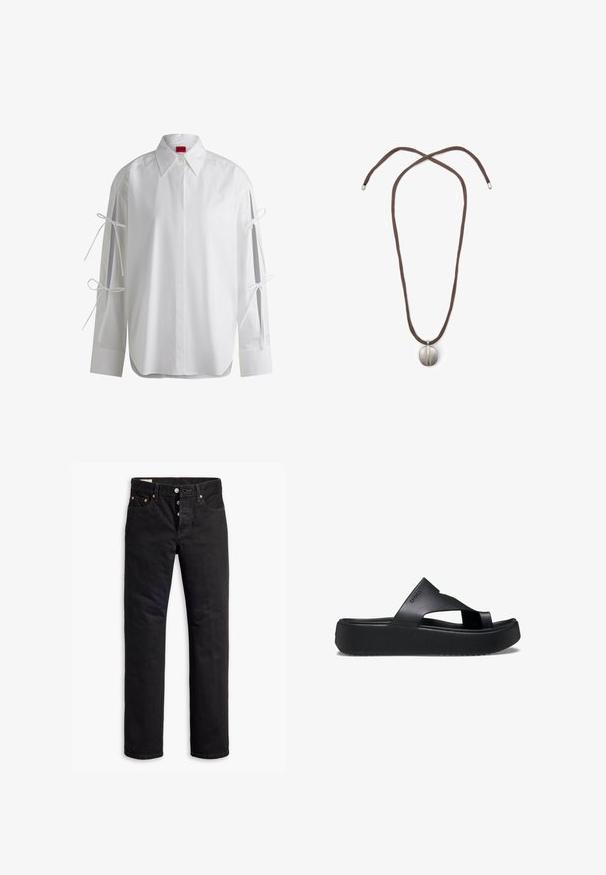 Biała koszula z długim rękawem, z wiązaniami na rękawach i zaokrąglonym dołem. Wykonana z gładkiej bawełnianej tkaniny.; Czarne dżinsy o prostym kroju, pięciopocketowym designie i zapięciu na guziki. Zawierają mosiężne nity i akcenty w haftach.; Czarne klapki na platformie z teksturowaną gumową podeszwą, z krzyżowym designem pasków i matowym wykończeniem. Logo marki subtelnie umieszczone z boku.; Naszyjnik z brązowym sznurkiem i srebrnym owalnym zawieszeniem. Zawieszenie ma gładką powierzchnię i lekkie wcięcie na środku.