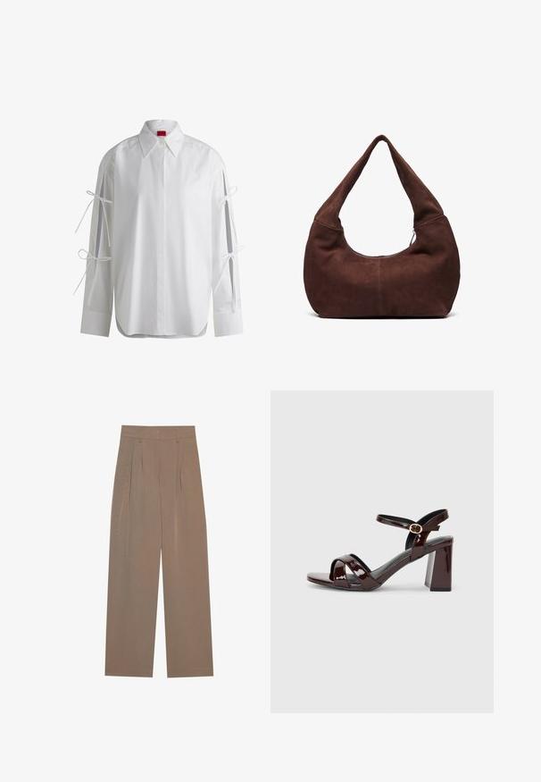 Valkoinen nappikauluspaidat pitkillä hihoilla, joissa on nauhasiteet hihoissa ja kaareva helma. Valmistettu sileästä puuvillakankaasta.; Ruskean laskostetut housut, joissa on leveä lahje, litteä vyötärö ja sivutaskut, valmistettu kevyestä kankaasta.; Patent burgundy korkokenkä, jossa on avoin varvas, ristiin kulkevat hihnat ja nilkkaremmissä pyöreä kultainen solki. Loivasti laaja korko.; Ruskea mokkahobo-laukku, jossa on kaareva, leveä kahva ja suuri aukko. Pehmeä tekstuuri, jossa on näkyvää tikkausta reunoilla.