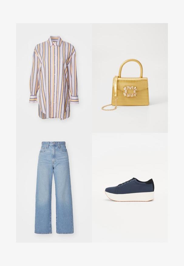 Cămașă cu mânecă lungă și nasturi, cu dungi verticale în nuanțe pastel de galben, albastru și lavandă. Are guler și o tăietură curbată la hem.; Jeans cu talie înaltă, de culoare albastru deschis, cu croială largă, dotate cu nasture și fermoar la față, buzunare în față și spate, pe un fundal alb.; Sneaker albastru închis, cu un material texturat pe partea superioară, talpă platformă albă, vârf rotunjit și accent de călcâi negru. Dispune de șase găuri pentru șireturi.; Geantă galbenă din faux-crocodil cu un design structurat, mână superioară, curea detașabilă cu lanț și embellisment decorativ cu cristale pe închidere.