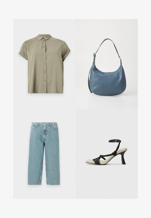 Κοντομάνικο, ελαιώδους πράσινου χρώματος πουκάμισο με κουμπιά, φτιαγμένο από ελαφρύ ύφασμα, με κλασικό γιακά και γυρισμένα μανίκια.; Ανοιχτό μπλε τζιν σορτσάκια με ψηλή μέση, ίσια γραμμή και ακατέργαστο άκρο. Διαθέτει κλασικό κούμπωμα με κουμπί και φερμουάρ, τέσσερις τσέπες.; Μαύρη σανδάλι με τακούνι και σχεδίαση πλεγμένης λουρίδας, τετράγωνη μύτη και ρυθμιζόμενη λουρίδα στον αστράγαλο. Ανοικτό μπεζ πέλμα με γυαλιστερό μαύρο τακούνι.; Μπλε δερμάτινη τσάντα χειρός με στρογγυλή μορφή, μία λουρί ώμου, κλείσιμο με φερμουάρ και ανάγλυφο λογότυπο στο μπροστινό μέρος. Λείος υφή.