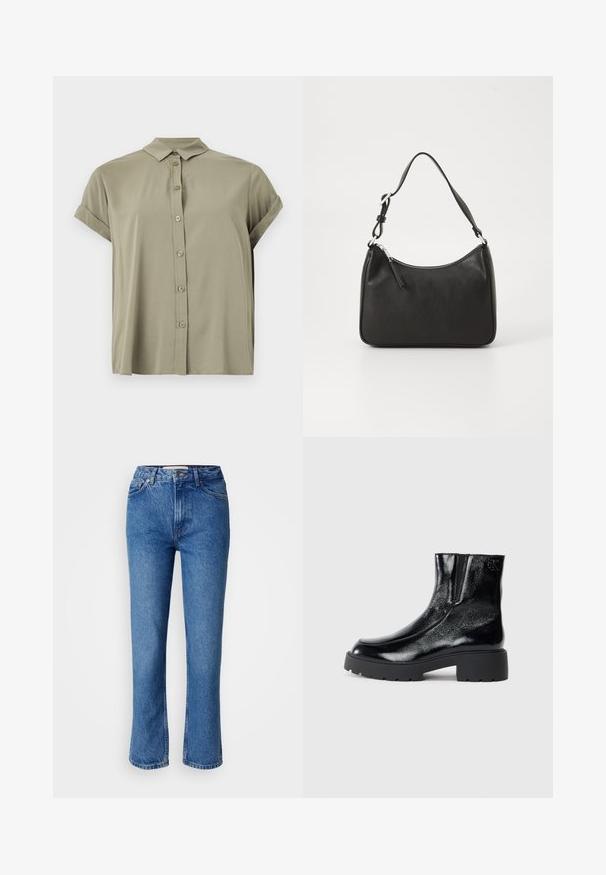 Camicia a maniche corte di colore verde oliva, realizzata in tessuto leggero, con colletto classico e polsini arrotolati.; Jeans in denim blu con taglio dritto, dotati di un classico design a cinque tasche, cuciture arancioni e chiusura con bottone.; Stivali neri alla caviglia con una finitura in pelle laccata lucida, suola in gomma nera spessa e tacco rialzato; include un discreto dettaglio del logo sul lato.; Borsa a tracolla in pelle nera con forma curva, una tracolla singola, chiusura con zip e marchio discreto sul fronte. Texture liscia, design minimalista.