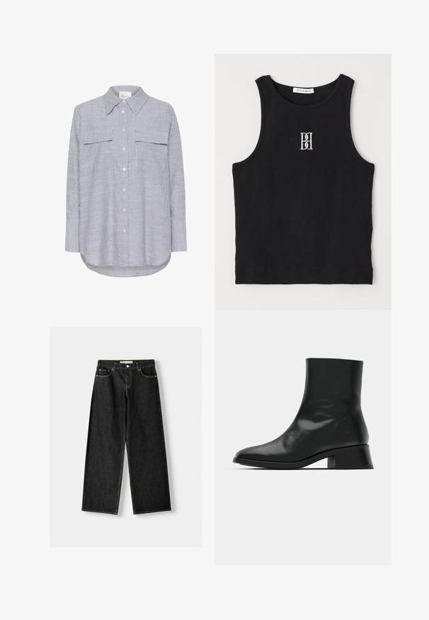 Striped button-up shirt in blue and white. Features a classic collar, two chest pockets, and long sleeves with buttoned cuffs.; Black ribbed tank top with a crew neckline and embroidered logo in white. Features a fitted silhouette and clean, straight hem.; Black denim wide-leg jeans featuring five pockets, metal button and zipper closure, and contrasting yellow stitching along the seams.; Black ankle boot made of shiny leather, featuring a sleek design, pointed toe, and a moderate block heel for stability.
