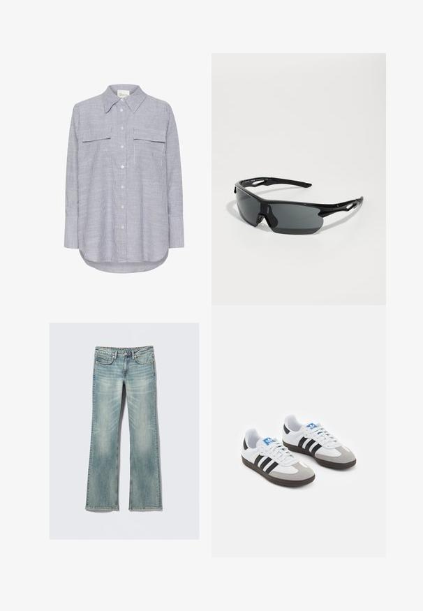 Pruhovaná košile na knoflíky v modré a bílé barvě. Má klasický límeček, dvě náprsní kapsy a dlouhé rukávy s knoflíkovými manžetami.; Světle modré džíny z denimu s mírným vyblednutím, pěti kapsami, zapínáním na knoflík a rovnými nohavicemi na bílém pozadí.; Sportovní boty s bílým koženým svrškem, šedou semišovou špičkou a třemi černými pruhy. Obsahují modré logo na jazyku a texturovanou gumovou podrážku.; Černé sportovní sluneční brýle s zakřivenými skly, lehkým plastovým rámem a texturovanými stranicemi. Elegantní design s integrovaným nosním mostem.; Černá tkaná kožená kabelka s uvolněným designem, s uzlovým popruhem a malou dekorativní zlatou hřebíčkovou ozdobou na vrchu.