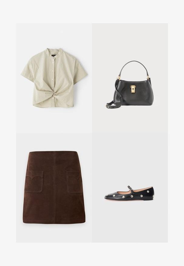 Short-sleeve, collared blouse in light green with white vertical stripes; features a twisted front detail and button closure. Smooth fabric texture.; Brown suede skirt featuring a classic A-line shape, two front pockets with rounded flaps, and subtle stitching details.; Black leather Mary Jane flat shoe with a rounded toe, featuring silver circular studs and an adjustable strap with a buckle.; Black leather handbag with a textured finish, featuring a gold lock closure, short handle, and a detachable shoulder strap.