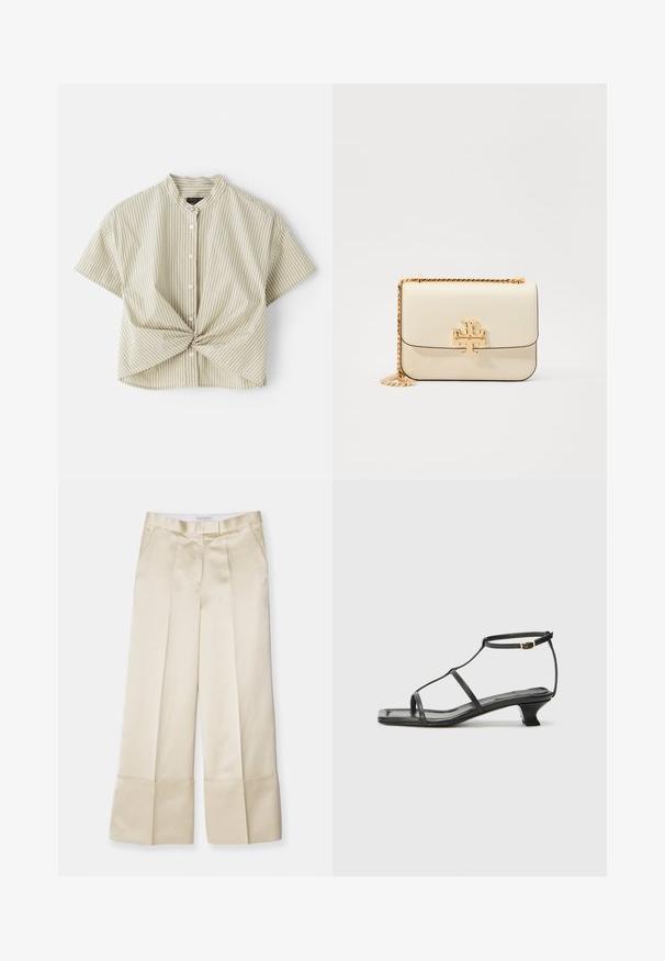 Blouse légère à manches courtes et col couleur vert clair avec des rayures verticales blanches ; présente un détail avant torsadé et une fermeture à boutons. Texture de tissu lisse.; Pantalons beige à jambes larges en tissu lisse avec une taille haute, un devant plissé et un ourlet replié, dotés de poches latérales et d'une finition soignée.; Sandale en cuir noir avec un bout carré, des fines lanières, une bride de cheville ajustable et un petit talon. Présente un petit accent doré sur la lanière.; Sac en cuir crème porté croisé avec une bandoulière en chaîne dorée, arborant un accent de logo doré sur le devant et des lignes lisses et épurées.