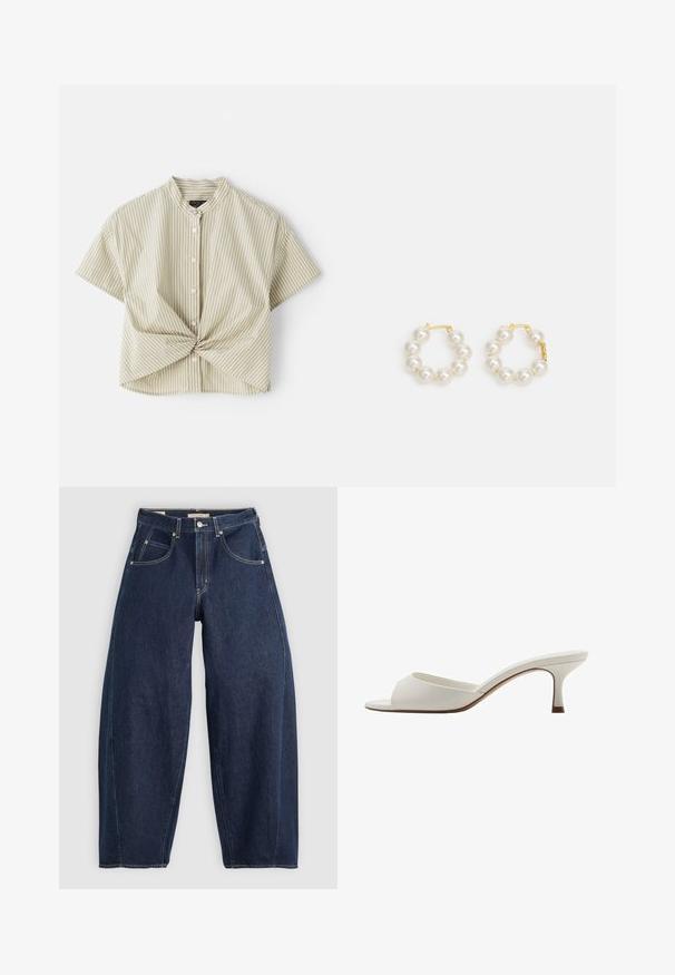 Blusa a maniche corte con colletto in verde chiaro con righe verticali bianche; presenta un dettaglio anteriore attorcigliato e chiusura a bottone. Tessuto di texture liscia.; Jeans in denim blu scuro con una vestibilità ampia, cuciture chiare, cinque tasche e chiusura con bottone in vita.; Mule con tacco alto, aperti davanti e di colore bianco, con una finitura liscia, design minimalista e tacco slanciato, caratterizzati da un sottile accento marrone sulla suola.; Orecchini a cerchio con perle, dotati di una chiusura in metallo dorato. Il design include diverse perle bianche lisce disposte a forma circolare.