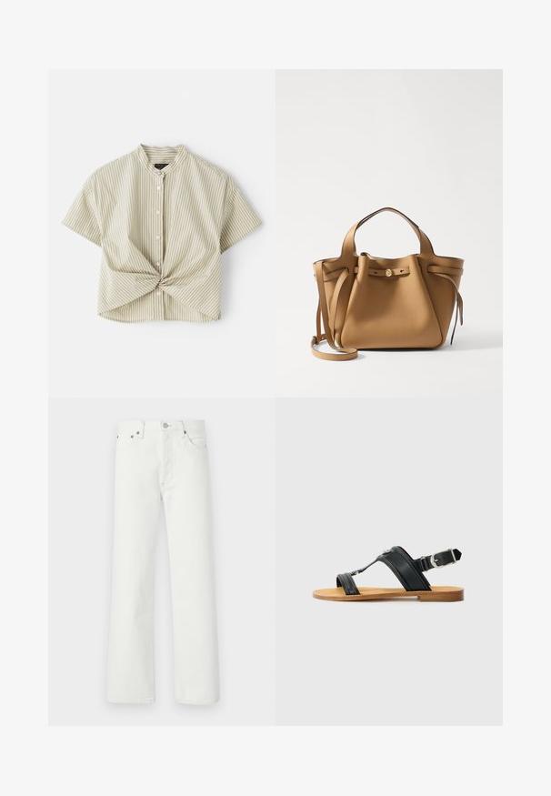 Short-sleeve, collared blouse in light green with white vertical stripes; features a twisted front detail and button closure. Smooth fabric texture.; White denim jeans featuring a straight-leg cut, five-pocket design, and metal hardware accents on the waistband and pockets.; Black leather sandal with adjustable buckle, flat tan sole, and two wide straps crossing over the foot, minimalistic design.; Tory Burch ROMY PEBBLED SATCHEL - Handbag - tiramisu