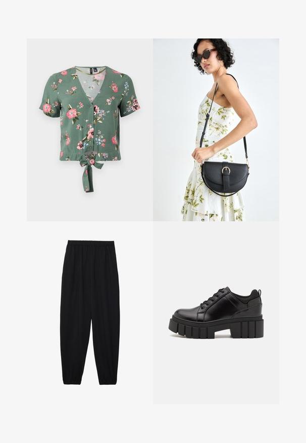 Top corto a fiori verde con scollatura a V, maniche corte, chiusura frontale con bottoni e dettaglio di fiocco davanti. Presenta motivi di fiori rosa e blu.; Pantaloni neri leggeri con vita elastica e caviglie arricciate. Il tessuto è liscio e presenta un design rilassato e affusolato.; Scarpe platform in pelle nera con tacco a blocco robusto, punta rotonda e design tradizionale con lacci. Presentano una superficie liscia e dettagli minimi.; Borsa a tracolla nera in pelle con una forma curva, manico rimovibile e accessori dorati. La borsa presenta una patta con un dettaglio a fibbia.