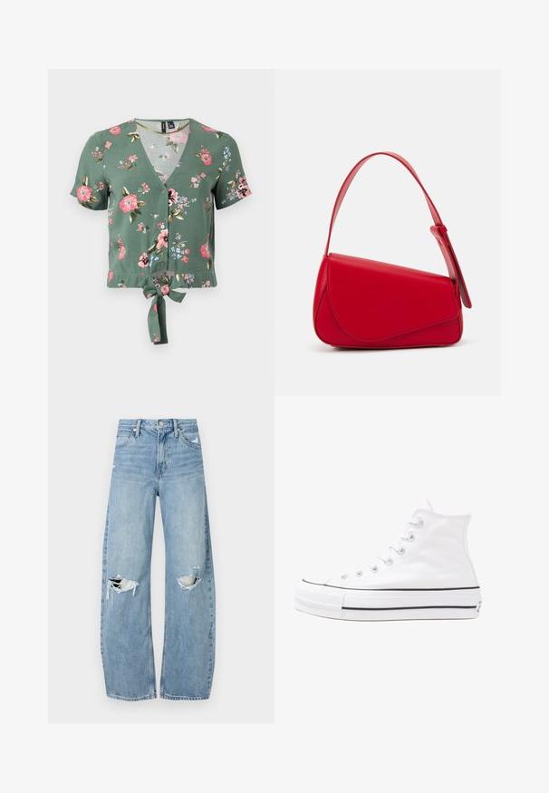 Green floral-print crop top with a V-neckline, short sleeves, button front, and front tie detail. Features pink and blue flower patterns.; Light blue, high-waisted jeans made of denim. Feature wide legs, two torn knee areas, and classic five-pocket styling.; White high-top canvas sneaker with black rubber sole, front rubber toe cap, and six eyelets for laces, featuring a clean, minimalist design.; Red leather handbag with an angular, geometric design. Features a single adjustable strap and a flap closure with stitched detailing.