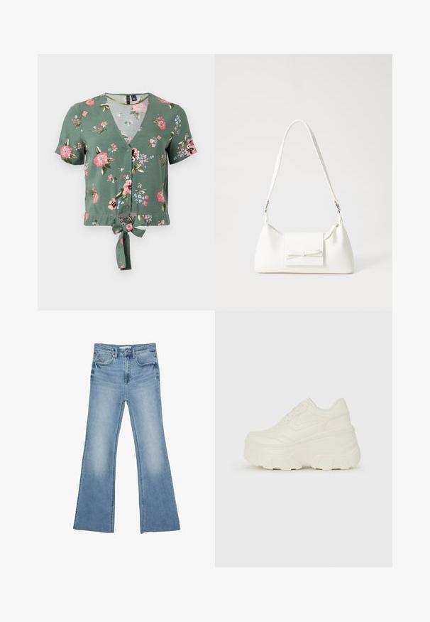 Zelený kvetinový crop top s výstrihom do V, krátkymi rukávmi, predným gombíkovým zapínaním a detailom na viazanie vpredu. Obsahuje vzory ružových a modrých kvetov.; Svetlomodré rozšírené džínsy vyrobené z denimu, s klasickým dizajnom piatich vreciek a zipsom s gombíkovým zapínaním.; Biele platformové tenisky s hladkým koženkovým svrchným materiálom, zaobleným tvarom, polstrovaným golierom a textúrovanou gumovou podrážkou s výrazným vzorom.; Biela syntetická kabelka s trojuholníkovým tvarom, plochým predným klapkou a detailom mašle, nastaviteľným popruhom, hladkou textúrou a minimalistickým dizajnom.