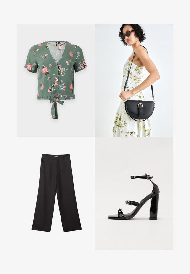 Zelený kvetinový crop top s výstrihom do V, krátkymi rukávmi, predným gombíkovým zapínaním a detailom na viazanie vpredu. Obsahuje vzory ružových a modrých kvetov.; Čierne široké nohavice vyrobené z hladkej tkaniny, so zipsom vpredu a dvoma bočnými vreckami, s prispôsobeným strihom a minimalistickým dizajnom.; Čierne lakované sandále na podpätku so štvorcovou špičkou, navlečenými remienkami okolo členku a striebornými prackami. Disponujú masívnym blokovým podpätkom pre stabilitu.; Čierna kožená kabelka s zaobleným tvarom, odnímateľným popruhom a zlatými doplnkami. Kabelka má klopu s detailom s prackou.