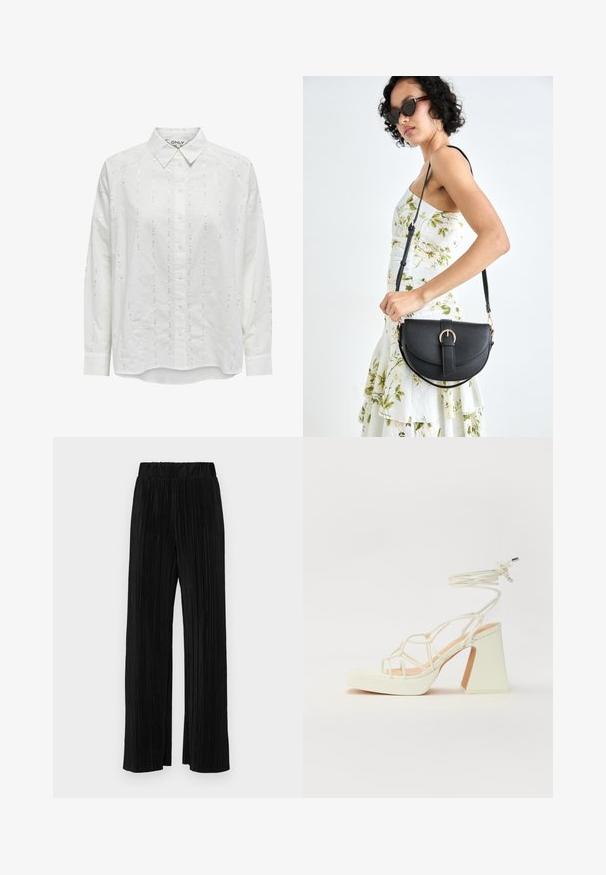 Balts krekls ar pogām, kas piedāvā brīvu piegriezumu, garām piedurknēm un vertikālām sekvīnu apdarei visā audumā.; Melni plīšu bikses ar elastīgu jostu. Tām ir platākas kājas un gluda, teksturēta auduma ar vertikālām svītrām.; Baltas augstpapēžu sandales ar masīvu papēdi, ar siksnu dizainu un potītes saistītiem elementiem. Gluda tekstūra ar platformu priekšpusē, lai nodrošinātu papildu augstumu.; Melnas ādas rokassoma ar izliekta formu, noņemamu siksnu un zelta aksesuāriem. Somai ir vāciņš ar sprādzes detaļu.