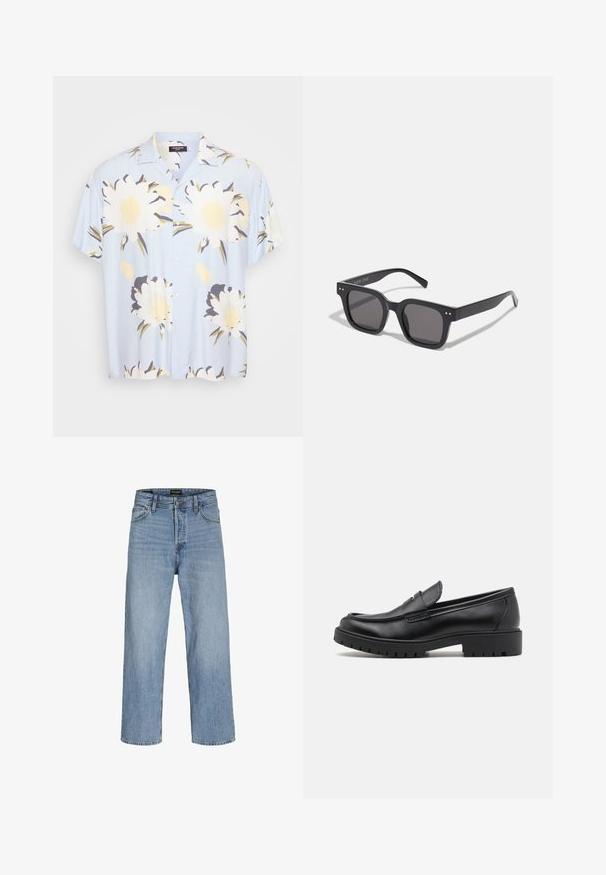 Light blue short-sleeve shirt featuring large white and yellow floral patterns, button front, classic collar, and relaxed fit.; Light blue denim jeans with a high waist, straight leg design, five pockets, and a button fly closure. Classic wash with minimal distressing.; Black leather loafers with a rounded toe, slip-on design, and thick rubber sole featuring a textured grip. Elevated heel and subtle stitching details.; Black rectangular sunglasses with dark lenses, featuring a thick frame, subtle accents on the sides, and no visible logos beyond the brand name.; Black crossbody bag with a zippered pocket, rectangular shape, made of fabric, featuring a logo patch on the front, adjustable shoulder strap.