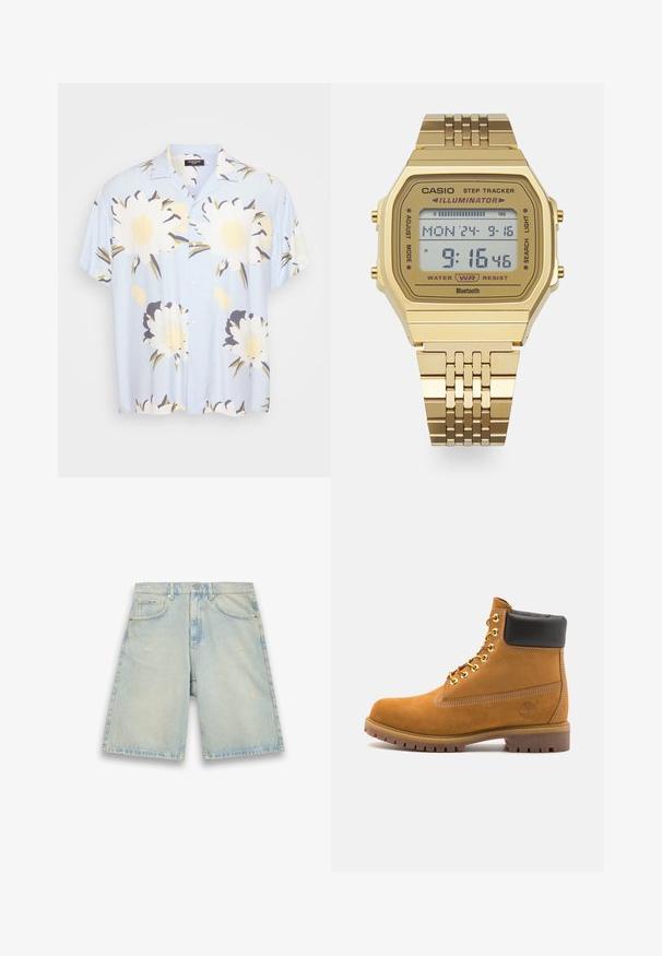 Svijetloplava košulja kratkih rukava s velikim bijelim i žutim cvjetnim uzorcima, s gumbima sprijeda, klasičnim ovratnikom i opuštenim krojem.; Svijetloplave traperice kratke hlače s opuštenim krojem, pet džepova, blagim iznošenjem i vidljivim šavovima. Imaju zakopčavanje na gumb i patentni zatvarač.; Antracitne antilop čizme do gležnjeva s crnim podstavljenim ovratnikom, zlatnim metalnim rupicama, bijelim šavovima i robusnom gumenom potplatom s izraženim šarama.; Zlatni digitalni ručni sat s pravokutnim licem, funkcijom brojanja koraka, otpornosti na vodu i metalnom narukvicom. Prikazuje vrijeme i datum.