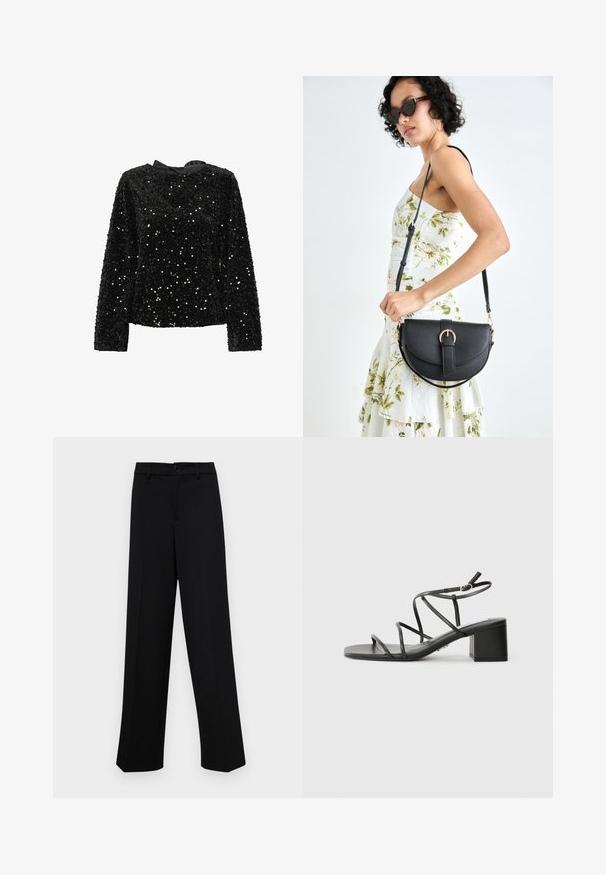 Schwarzes Pailletten-Oberteil mit langen Ärmeln, Rundhalsausschnitt und Satinschleife hinten. Texturierte Oberfläche mit unterschiedlich großen Pailletten für Glanz.; Schwarze, weit geschnittene Hosen aus glattem Stoff, mit einem klassischen Taillenbund und einem Knopfverschluss sowie vorderen Falten.; Schwarze Riemchensandalen mit quadratischer Spitze und einem breiten Absatz, aus glattem Material gefertigt. Sie verfügen über verstellbare Knöchelriemen und minimalen Beschlag.; Schwarze Lederhandtasche mit geschwungener Form, abnehmbarem Tragegurt und goldenen Beschlägen. Die Tasche verfügt über einen Deckel mit einer Schnallen-Details.