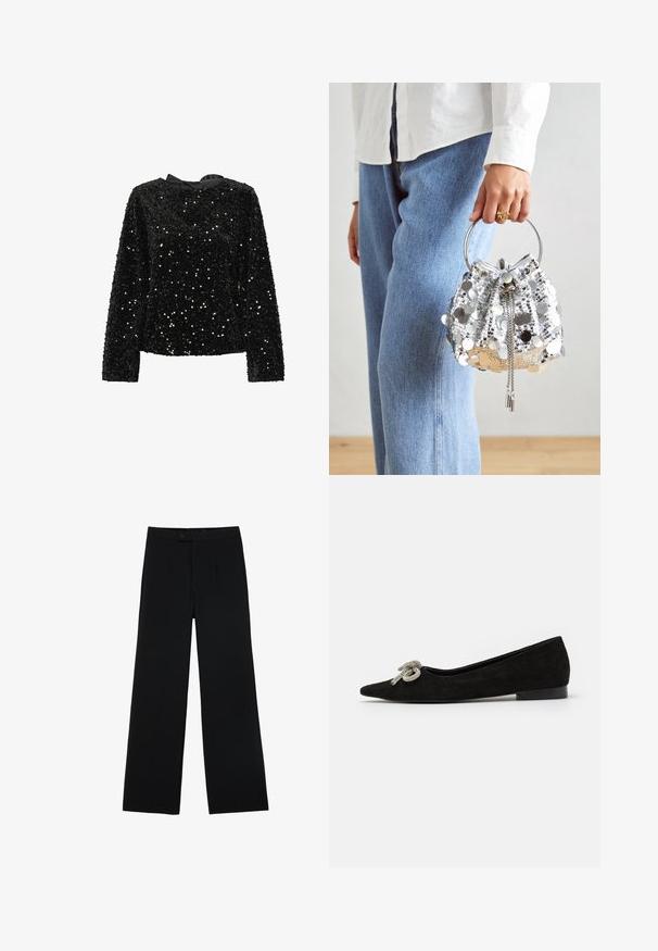 Črn dolg rokav z bleščicami z okroglim ovratnikom in satenastim trakom na hrbtni strani. Teksture površina z različnimi velikostmi bleščic za lesk.; Črne široke hlače iz gladkega materiala, z zapiranjem na gumb spredaj in dvema naborkoma za dodaten detajl. Splošna zasnova je krojena.; Črne nubuk balerinke s koničastim nosom, okrašene z dekorativnim srebrnim lokom spredaj, z nizko peto.; Srebrna torbica s paščki, okrašena s krožnim kovinskim ročajem; ima zategovanje s vrvico in verižne detajle, postavljena na svetlem denimu in belem blagu.