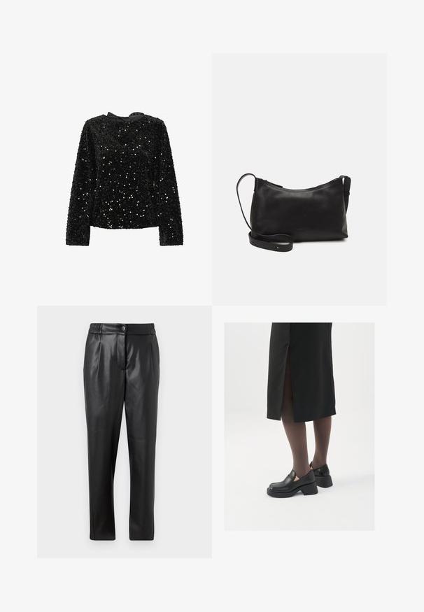 Must mustriga pikkade varrukatega topp mustade sädelevate kividena, ümmarguse kaelusega ja satiinpaelaga seljaosas. Tekstuurne pind, kus on erineva suurusega kivid, et lisada sära.; Mustad nahkpüksid, millel on sile tekstuur, sirge lõige, elastne vöökoht ja esine nupuga sulgemine; volditud detailid ja kitsenevad sääred.; Mustad mustad jalatsid ümmarguse varbaga, paksu plokkniidi ja elastsete külgdetailidega, kombineeritud tumedate sukkade ja musta lõhikuga seelikuga.; Mustmust nahk õlakotil on sile tekstuur, kumer kuju, reguleeritav rihm ja lukuga sulgemine. Minimalistlik disain ilma kaunistusteta.