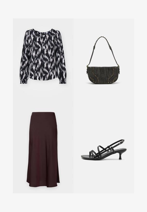 Blusa lungo maniche bianco e nero con motivo ikat, con scollatura rotonda e polsini arricciati per una vestibilità rilassata.; Gonna midi in satin bordeaux con una texture liscia, una vestibilità dritta e un orlo leggermente svasato. Nessun motivo visibile o dettagli metallici.; Sandali neri con tacco alto e molteplici cinturini incrociati. Materiale liscio, punta appuntita e tacco sottile. Cinturino alla caviglia regolabile con fibbia.; Borsa a tracolla nera in suede con design curvo, caratterizzata da dettagli in rivetti e superficie testurizzata. Tracolla regolabile con dettagli a borchia lungo il bordo.; Orecchini a cerchio in argento con un design torciglionato, caratterizzati da una finitura lucida e chiusura a perno. Misurano circa 3 cm di diametro.