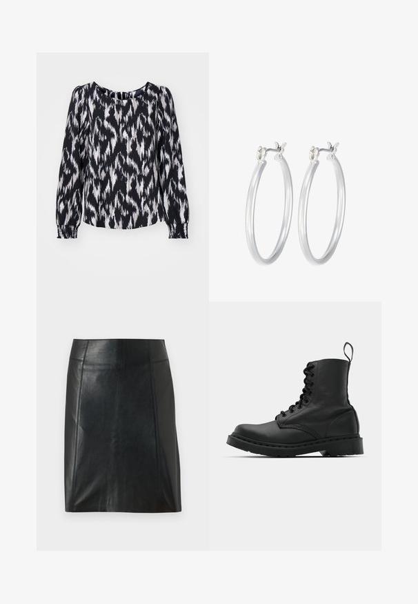 Melna un balta ilga piedurkne blūze ar ikat rakstu, kurai ir apaļa kakla izgriezums un savītās aproces, nodrošinot brīvu piegriezumu.; Melnas ādas svārki ar pieguļošu dizainu. Gluda tekstūra, šuves izceļ formu un taisna apakšmalu. Minimālistiska un eleganta izskata.; Melnas ādas kaujas zābaki ar apaļu purngalu, auklām priekšā un cilpu potītes daļā. Iespējojums ir biezs gumijas zolei, kas nodrošina izturību.; Sudraba riņķveida auss gredzeni ar gludu, pulētu apdari. Apaļa forma un drošs klikšķa augšējais slēgums. Viegls dizains, kas piemērots ikdienas valkāšanai.