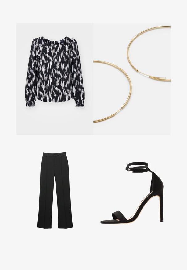 Schwarz-weiße Bluse mit langen Ärmeln im Ikat-Muster, mit Rundhalsausschnitt und gerafften Manschetten für eine lässige Passform.; Schwarze gerade geschnittene Hose aus glattem Stoff, mit flacher Vorderseite, Gürtelschlaufen und ohne sichtbare Taschen, in maßgeschneiderter Passform.; Schwarze Wildleder-High-Heel-Sandalen mit einem einfachen Riemendesign, offener Zehe und einem Knöchelriemen mit einer silbernen Schnalle.; Goldfarbene Ohrringe in Form von dünnen, runden Kreolen, mit einer glatten, metallischen Oberfläche und ohne Verzierungen oder Muster.; Schwarze Leder-Geldbörse mit Klappverschluss, goldfarbener Hardware und Logo-Akzent. Inklusive abnehmbarem Trageriemen.