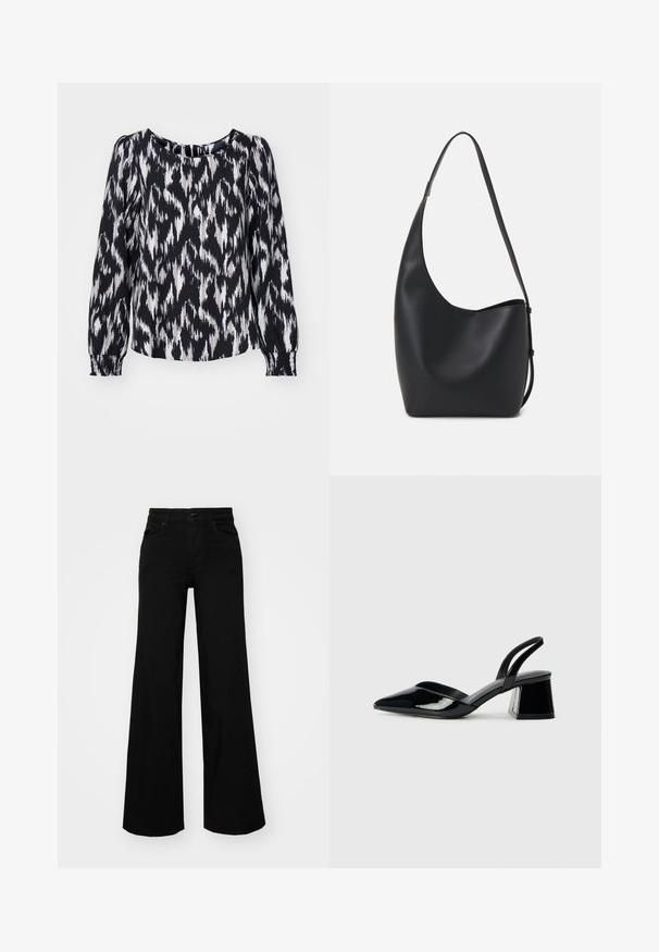 Schwarz-weiße Bluse mit langen Ärmeln im Ikat-Muster, mit Rundhalsausschnitt und gerafften Manschetten für eine lässige Passform.; Schwarze weit geschnittene Hose aus Denim, mit einem strukturierten Bund, Gürtelschlaufen und Fronttaschen. Glatte Textur mit klassischem Design.; Schwarze Lackleder-Slingback-High Heels mit spitzem Schuh und einem geometrischen Blockabsatz. Verfügt über ein schlankes, minimalistisches Design und eine glatte Textur.; Schwarze Leder-Hobo-Tasche mit einer glatten Textur, geschwungener Form und einem einzelnen verstellbaren Tragegurt; verfügt über eine weite Öffnung am oberen Ende.
