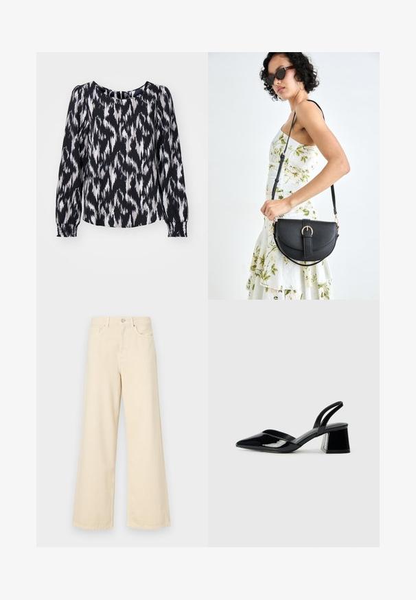 Juoda ir balta ilgarankovė bluzonė su ikat raštu, turinti apvalų iškirpimą ir surinktus rankogalius, užtikrinančius patogią išvaizdą.; Bežinės plačios kojos džinsai, pagaminti iš medvilnės. Turintys sagos uždarymą, diržo kilpas ir priekinės kišenes su lygia, švelnia tekstūra.; Juodos lakuotos odinės šlepetės su smailiu pirštu ir geometriniu bloko kulnu. Turi elegantišką, minimalistinį dizainą ir lygų paviršių.; Juodas odinis krepšys su išlenkta forma, nuimamu dirželiu ir auksiniais detalėmis. Krepšys turi kilpą su sagtimi.