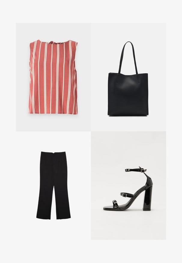 Rdeča majica brez rokavov z navpičnimi belimi črtami, okroglim izrezom in zavezovanjem na hrbtu. Narejena iz lahkega materiala, ima sproščen kroj.; Črne hlače ravnega kroja z naglavnimi žepi in stranskimi razporki na robu. Narejene iz mehke, gladke tkanine. Primerne za različne priložnosti.; Črne lakirane sandale s peto, kvadratnim prstom, trakovi okrog gležnja in srebrnimi zaponkami. Opremljene so s stabilno Debelo peto.; Črna usnjena torba s svilnato teksturo, pravokotne oblike in dvema dolgima ročajema. Brez vidnih metalnih delov ali okrasnih elementov.