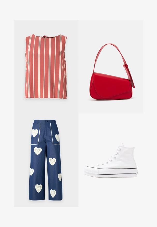 Red tank top with vertical white stripes, round neckline, and a tie detail at the back. Made of lightweight fabric, features a relaxed fit.; Sister Jane HEART TO HEART - Straight leg jeans - blue denim; White high-top canvas sneaker with black rubber sole, front rubber toe cap, and six eyelets for laces, featuring a clean, minimalist design.; Red leather handbag with an angular, geometric design. Features a single adjustable strap and a flap closure with stitched detailing.
