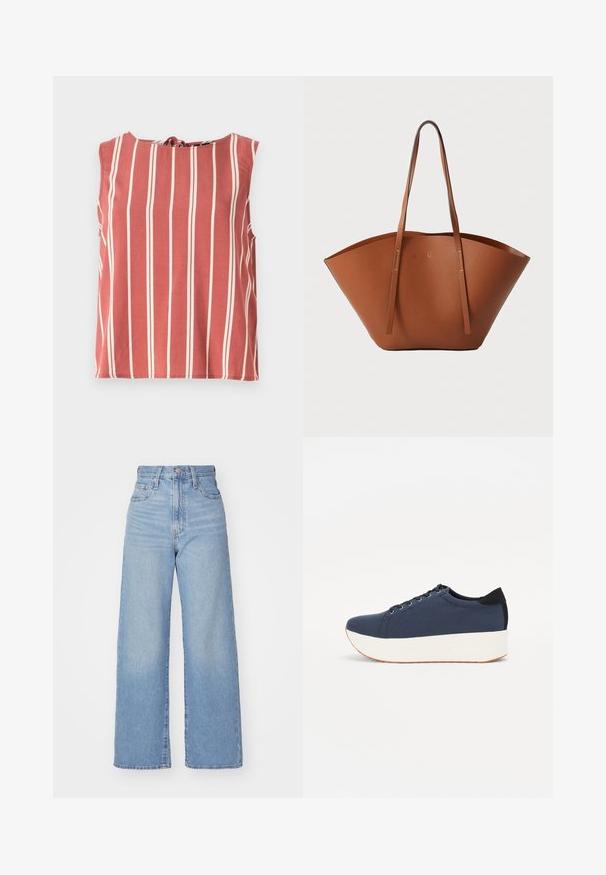Top roșu fără mâneci cu dungi verticale albe, decolteu rotund și detalii cu un sistem de legare la spate. Fabricat dintr-un material ușor, are o croială lejeră.; Jeans cu talie înaltă, de culoare albastru deschis, cu croială largă, dotate cu nasture și fermoar la față, buzunare în față și spate, pe un fundal alb.; Sneaker albastru închis, cu un material texturat pe partea superioară, talpă platformă albă, vârf rotunjit și accent de călcâi negru. Dispune de șase găuri pentru șireturi.; Geantă tote din piele maro, cu o formă largă și bine structurată, mânere subțiri și un finisaj texturat. Prezintă un design minimalist, fără hardware vizibil.
