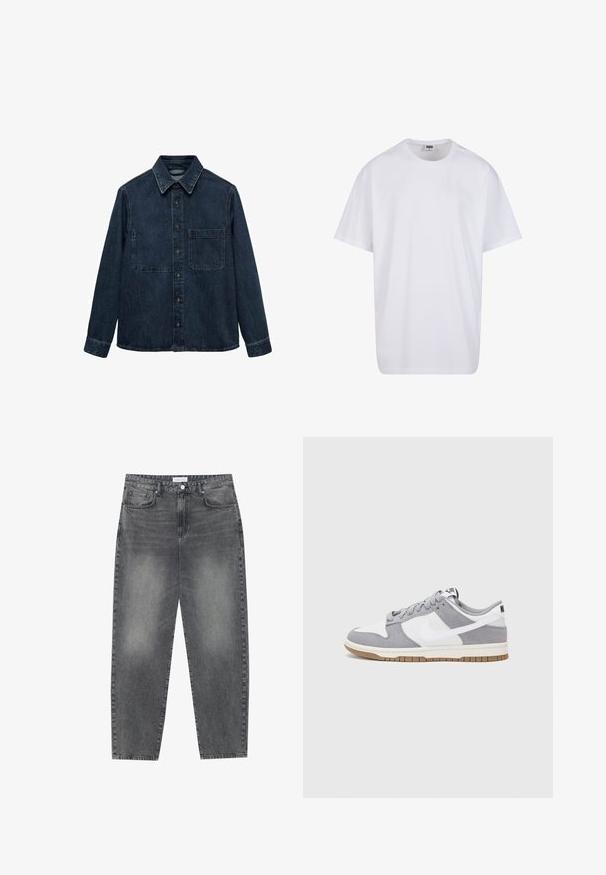 Camicia di denim blu scuro con colletto a punta, chiusura frontale con bottoni e una tasca sul petto. Maniche lunghe con polsini abbottonati.; Maglietta bianca in cotone con maniche corte, scollatura rotonda, vestibilità comoda e senza loghi o motivi visibili. Texture liscia e design minimale.; Jeans a vita alta, dal taglio ampio in denim nero sbiadito. Presentano cinque tasche, passanti per cintura e un design dritto e pulito.; Sneaker grigia e bianca con tomaia in suede e pelle, punta arrotondata, lacci piatti e soletta in gomma con un accento color caramello.