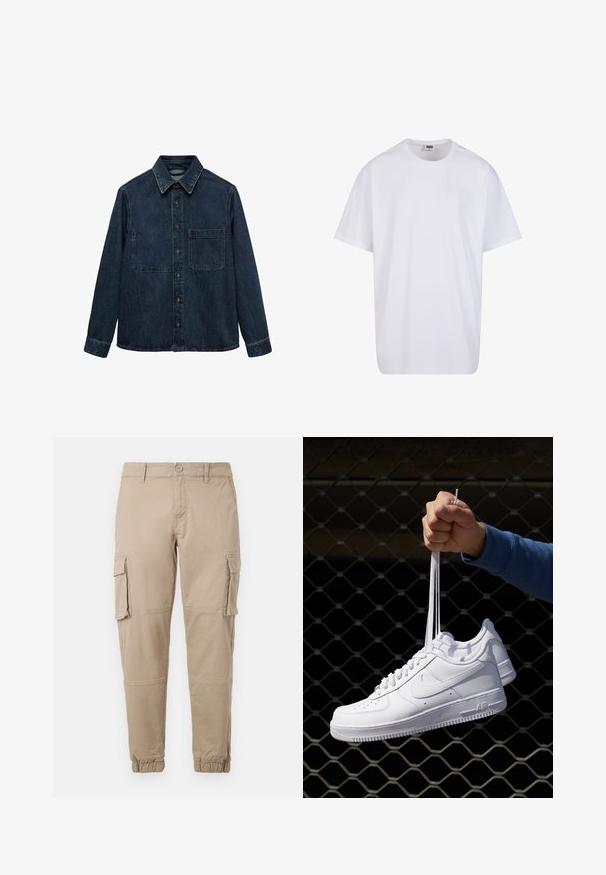 Donkerblauwe spijkerhemel met een spitse kraag, sluiting met knopen aan de voorkant en een enkele borstzak. Lange mouwen met knoopmanchetten.; Witte katoenen t-shirt met korte mouwen, ronde hals, relaxte pasvorm en zonder zichtbare logo's of patronen. Gladde textuur en minimalistisch ontwerp.; Beige cargobroek van lichtgewicht katoenen materiaal. Kenmerkend zijn de elastische boorden, meerdere zijzakken en een knoopsluiting.; Witte leren sneakers met perforaties, ronde neus, vlakke zool en dikke veters, met een zichtbare swoosh-logo en "AIR" op de hiel.
