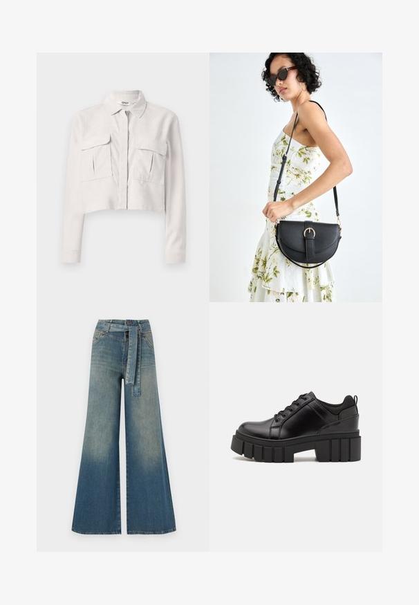 Chaqueta ajustada de color gris claro hecha de pana. Cuenta con un cuello con solapa, cierre frontal de cremallera y dos bolsillos en el pecho. Mangas largas.; Pantalones de mezclilla de pierna ancha con un degradado de azul claro a oscuro, cintura alta, trabillas para cinturón y un cinturón de tela a juego. Acabado de mezclilla texturizada.; Zapatos de plataforma de cuero negro con un tacón cuadrado grueso, punta redonda y diseño tradicional de cordones. Presenta una textura suave y un detalle minimalista.; Bolso de piel negra con forma curva, correa desmontable y herrajes dorados. El bolso cuenta con una solapa con un detalle de hebilla.