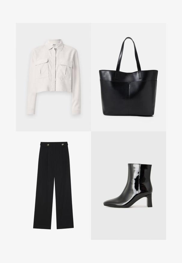 Cropped, light grey jacket made of corduroy. Features a collared neck, front zip closure, and two chest pockets. Long sleeves.; Black wide-leg trousers with high waist, button details on waistband, and front pleats.; Black patent leather ankle boot with a pointed toe and a mid-height block heel. Smooth texture and minimalist design.; Black leather tote bag with two long handles, a smooth texture, and a structured shape. Features a front pocket for additional storage.