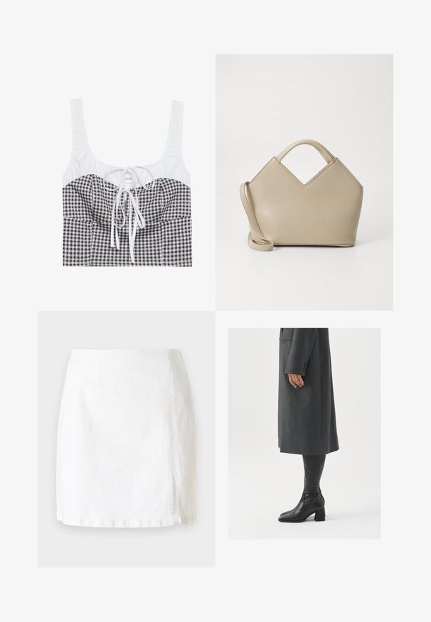 Juodai–baltas šachmatų rašto trumpas viršus su tekstūruotu baltu viršumi, kvadratiniu iškirpimu ir reguliuojamu raišteliu centre. Turi plačias petnešas.; Balta džinsinė mini sijonas su tiesiu kirpimu, turintis mažą šoną plyšį ir švarių siuvimo detalių minimalistiškam dizainui.; Pilkas pritaikytas paltas su tiesiu kirpimu; derinamas su juodais odiniais batais iki kelių, turinčiais kvadratinį pirštą ir storą kulną.; Šviesiai ruda struktūruota rankinė su V formos viršumi, lygaus odos paviršiaus, trumpomis rankenomis ir ilgu reguliuojamu dirželiu. Minimalistinis dizainas.