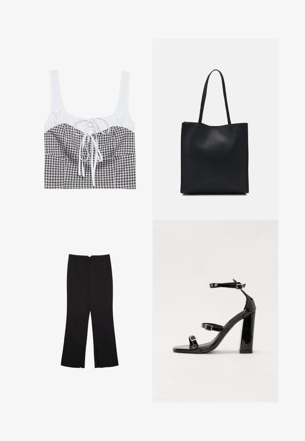 Schwarz-weißer kariertes Crop-Top mit strukturiertem weißen Oberteil, quadratischem Ausschnitt und verstellbarem Band in der Mitte. Verfügt über breite Träger.; Schwarze Hose mit geradem Schnitt, ausgestattet mit Fronttaschen und Seitenschlitzen am Saum. Hergestellt aus weichem, glattem Stoff. Geeignet für verschiedene Anlässe.; Schwarze patentierte Sandalen mit Absatz, quadratischer Spitze, Knöchelriemen und silbernen Schnallen. Mit einem stabilen Blockabsatz für mehr Stabilität.; Schwarze Laptoptasche aus Leder mit glatter Textur, rechteckiger Form und zwei langen Griffen. Keine sichtbaren Beschläge oder Verzierungen.