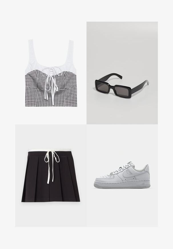 Črno-bele šahovnice zrezane majice z teksturiranim belim zgornjim delom, kvadratnim izrezom in nastavljivim trakom na sredini. Ima široke naramnice.; Črna nabrana krila z belim tkanim vrvico za pas. Narejena iz mehkega blaga, z gladko teksturo in preprostim, klasičnim dizajnom.; Bele usnjene superge z nizkim dizajnom, okroglo konico, perforiranimi podrobnostmi in teksturirano gumijasto podplatom. Ima sive poudarke na ježku.; Črne sončna očala s pravokotnim okvirjem, debelo plastično konstrukcijo in temnimi lečami, ki imajo gladke površine in zaobljene robove.; COACH TABBY SHOULDER BAG 20 WITH PILLOW QUILTING - Torba čez telo - sage