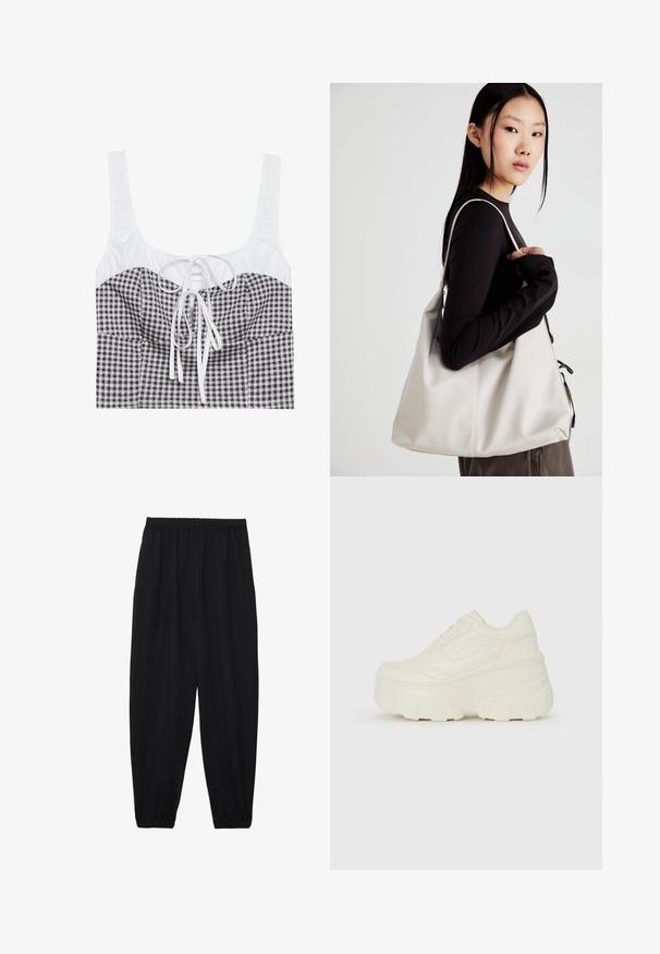 Top cropped quadrado em preto e branco com uma parte superior texturizada em branco, decote quadrado e laço ajustável ao centro. Apresenta alças largas.; Calças pretas, leves, com um cinto elástico e punhos franzidos. O tecido é suave e apresenta um design relaxado e afunilado.; Tênis brancos de plataforma com um cabedal suave semelhante a couro, formato arredondado, colarinho acolchoado e sola de borracha texturizada com ranhuras bem definidas.; Uma bolsa bege feita de material macio, com um design descontraído, detalhes de costura e duas alças para o ombro. Adequada para uso diário.